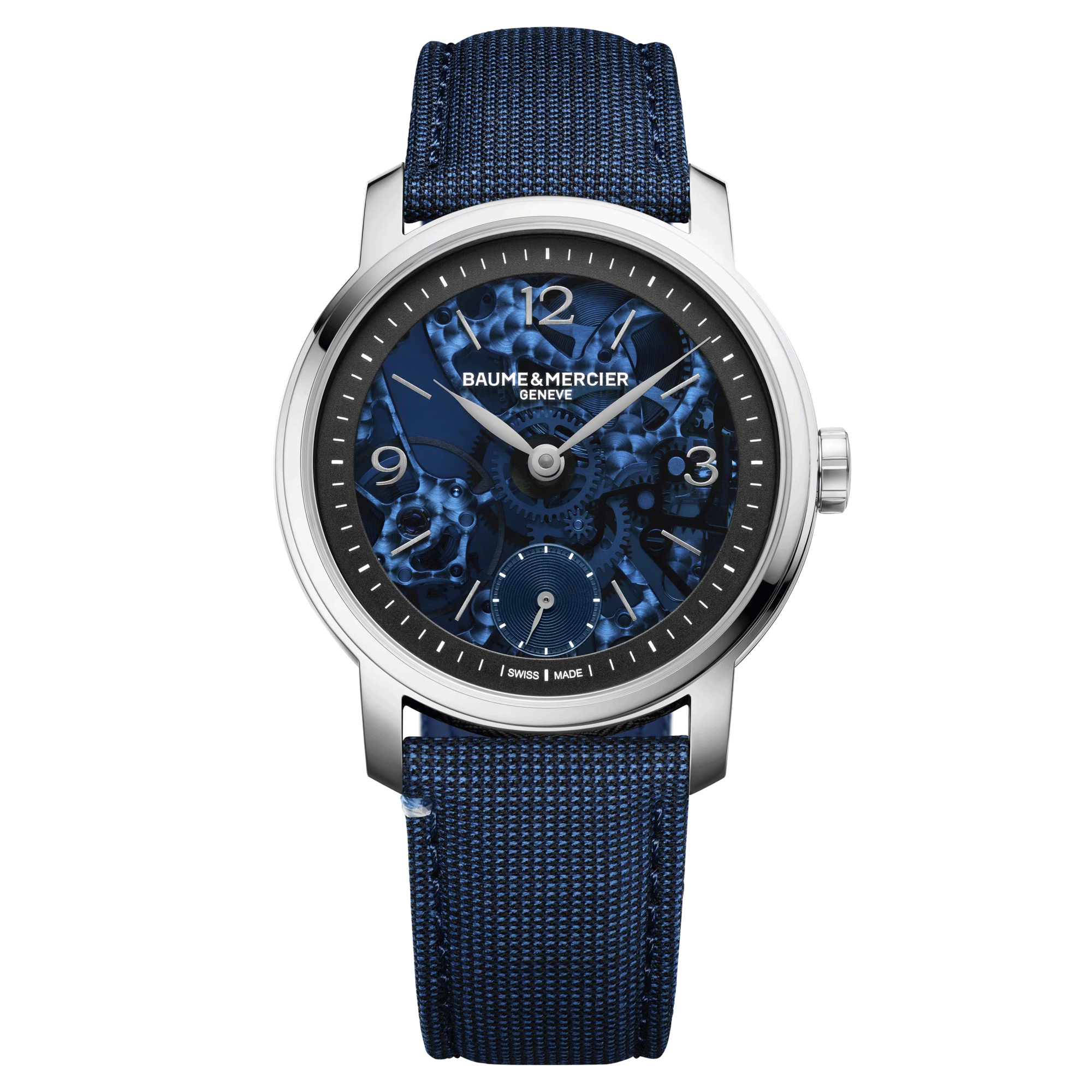 Baume et Mercier Classima mechanical watch blue dial blue fabric strap 42 mm