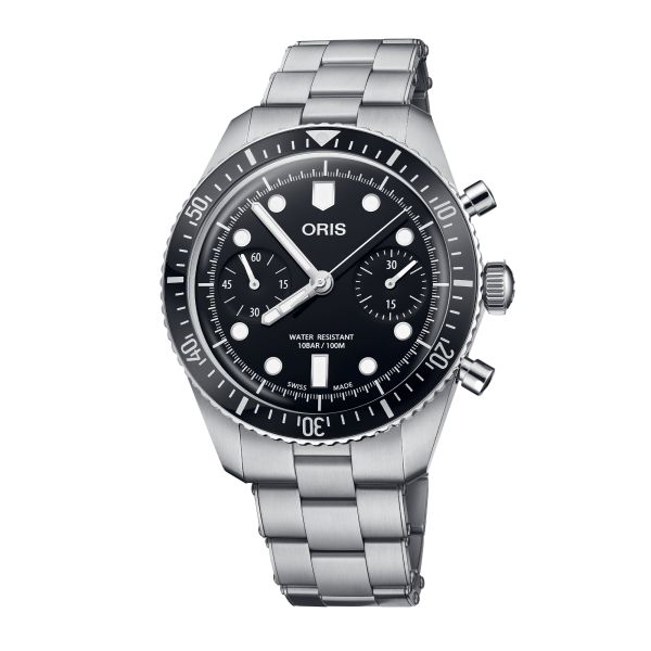 Montre Oris Divers Sixty-Five Chronographe automatique cadran noir bracelet acier 40 mm