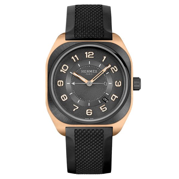 Hermès H08 Rose Gold Titanium automatic watch black dial black rubber strap 39 mm