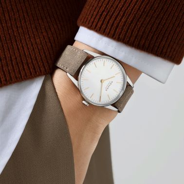 NOMOS Orion 33 Duo mechanical watch with sapphire caseback and beige leather strap 32.8 mm