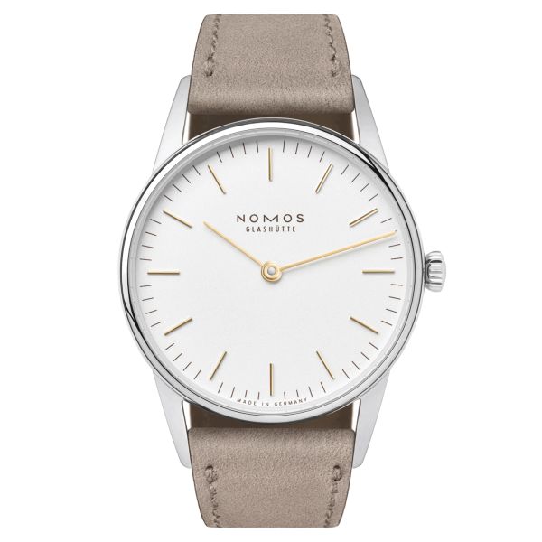 NOMOS Orion 33 Duo mechanical watch with sapphire caseback and beige leather strap 32.8 mm