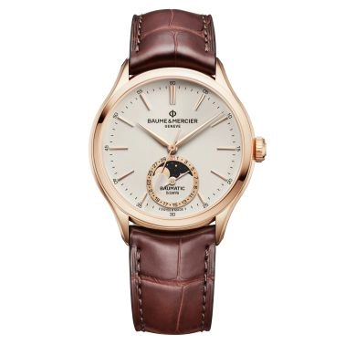Montre Baume et Mercier Clifton Baumatic Phase de Lune Or Rose automatique cadran blanc bracelet cuir marron 39 mm 10736