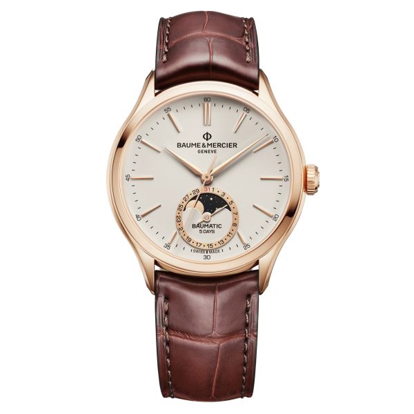 Baume et Mercier Clifton Baumatic Moonphase Rose Gold automatique watch white dial brown leather strap 39 mm