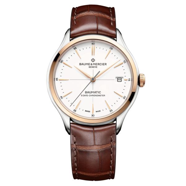 Watch Baume et Mercier Clifton Baumatic COSC white dial brown-red leather strap 40 mm