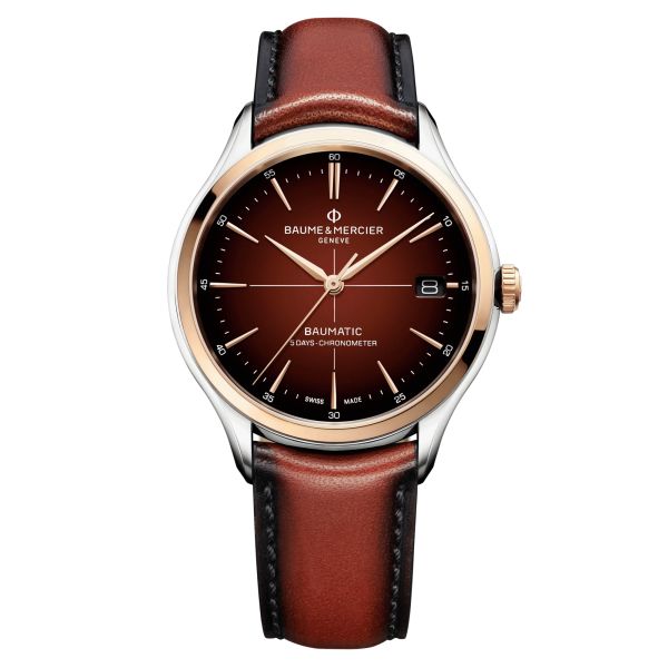 Montre Baume et Mercier Clifton Baumatic COSC automatique cadran chocolat bracelet cuir marron 40 mm 10713