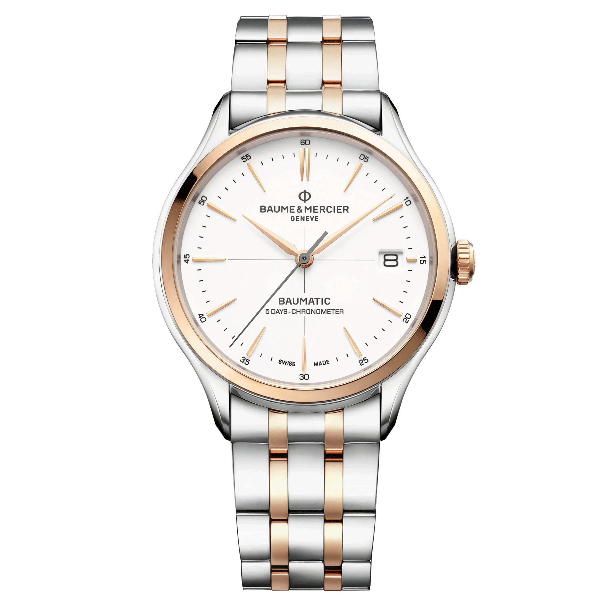Montre Baume et Mercier Clifton Baumatic COSC cadran blanc bracelet bicolore 40 mm 10458