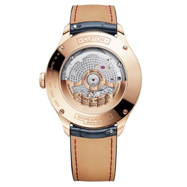 Montre Baume et Mercier Clifton Baumatic automatique cadran gris bracelet cuir alligator bleu et or rose 42 mm 10547