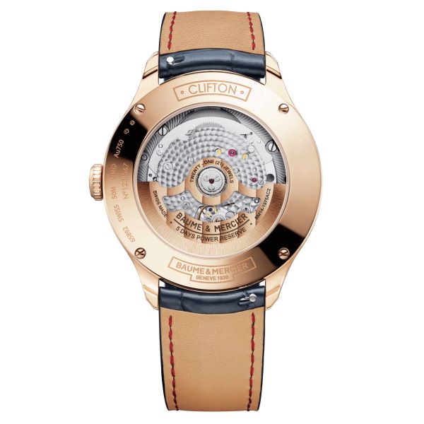 Montre Baume et Mercier Clifton Baumatic automatique cadran gris bracelet cuir alligator bleu et or rose 42 mm 10547
