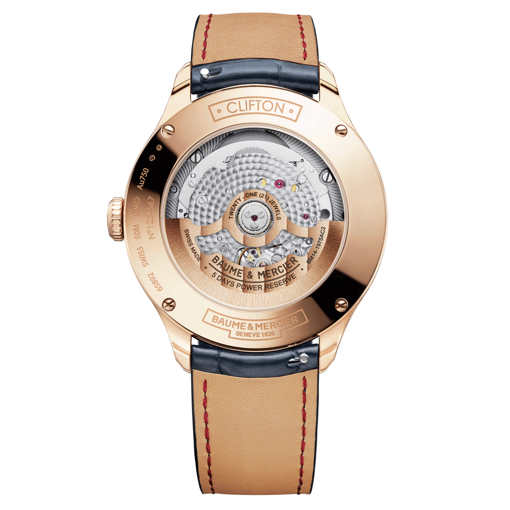 Montre Baume et Mercier Clifton Baumatic automatique cadran gris bracelet cuir alligator bleu et or rose 42 mm 10547