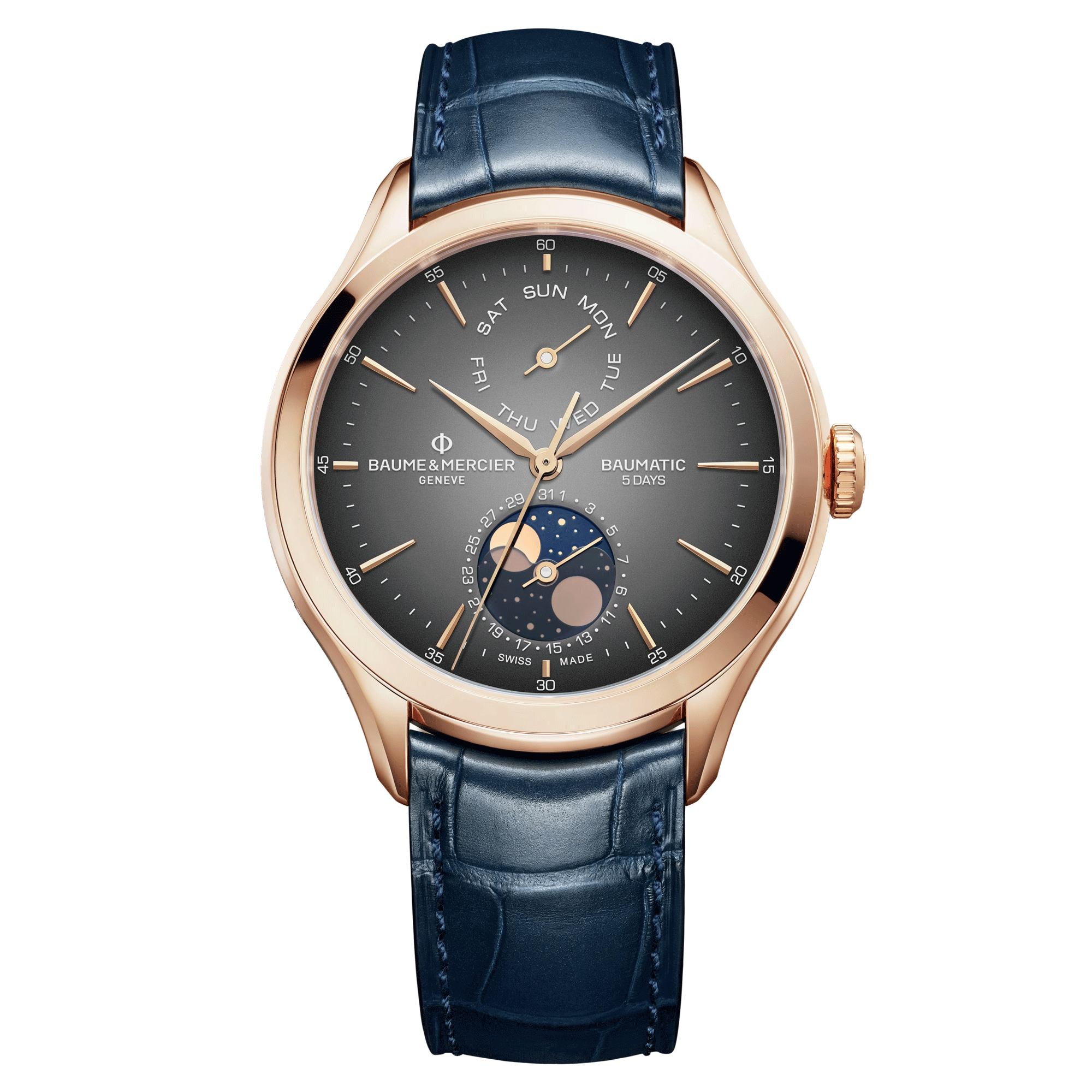 Montre Baume et Mercier Clifton Baumatic automatique cadran gris bracelet cuir alligator bleu et or rose 42 mm 10547
