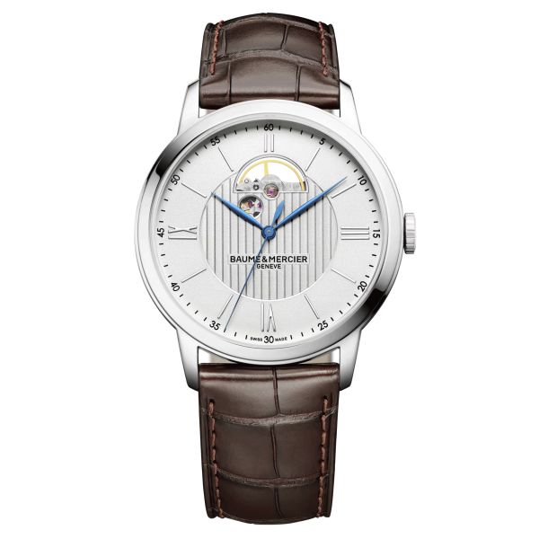 Montre Baume et Mercier Classima automatique cadran argenté bracelet cuir alligator brun 42 mm 10524