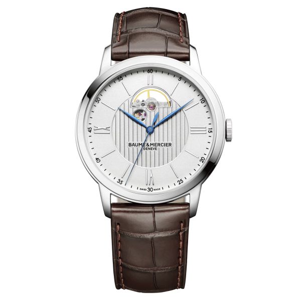 Baume et Mercier Classima automatic watch silver dial brown alligator leather strap 42 mm