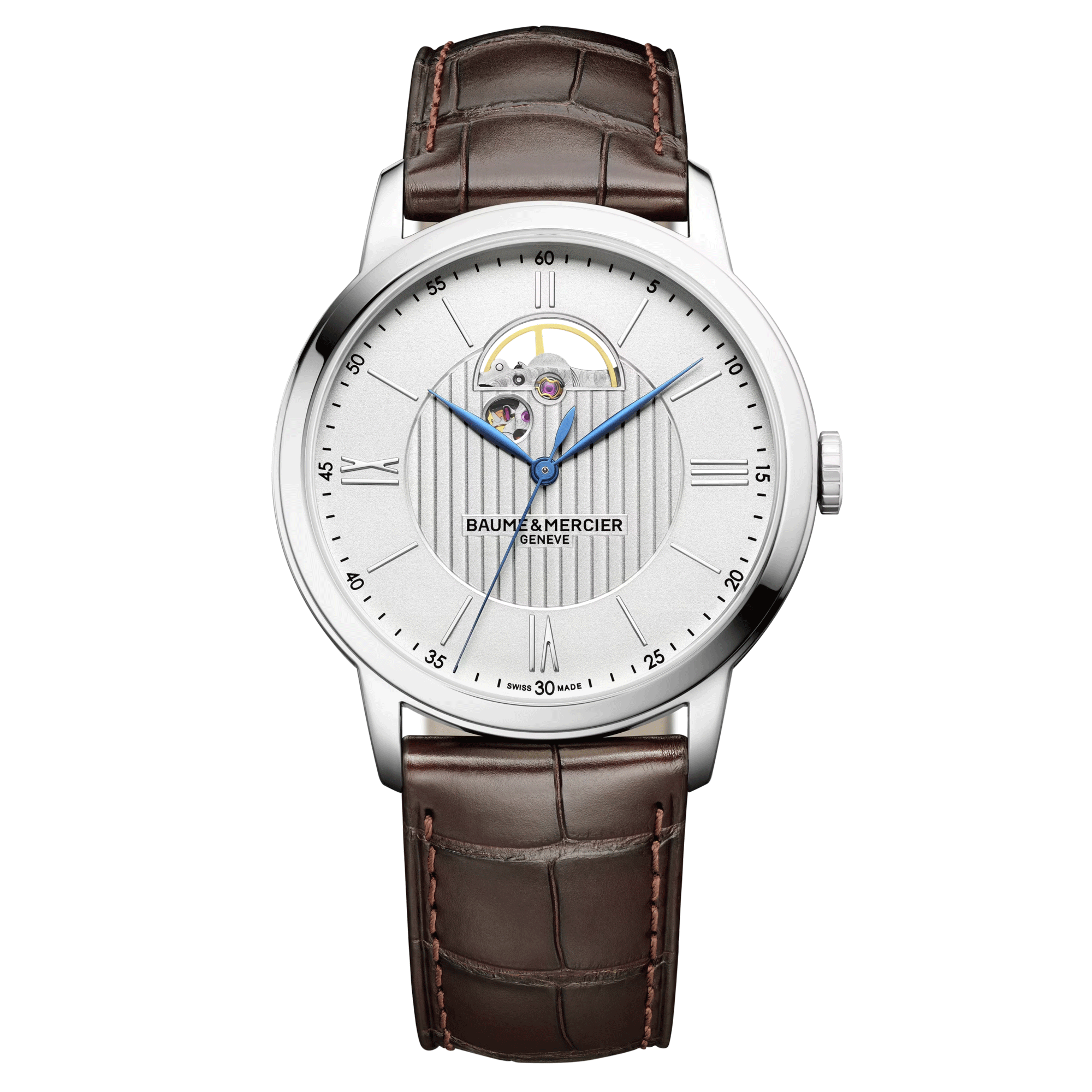 Montre Baume et Mercier Classima automatique cadran argenté bracelet cuir alligator brun 42 mm 10524