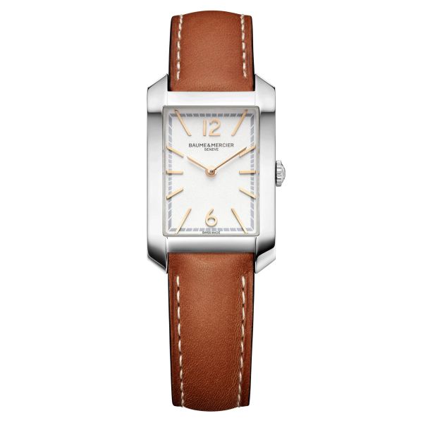 Montre Baume et Mercier Hampton quartz cadran blanc bracelet cuir veau marron 10472