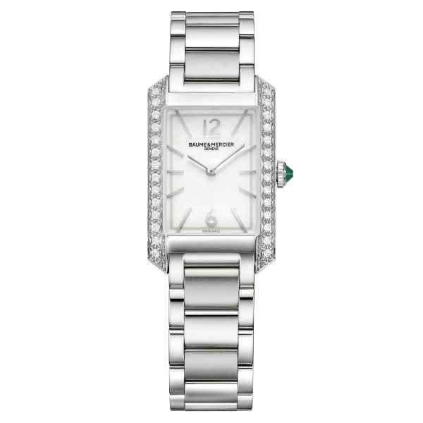 Montre Baume et Mercier Hampton quartz lunette sertie cadran argenté bracelet acier 35 x 22 mm 10631