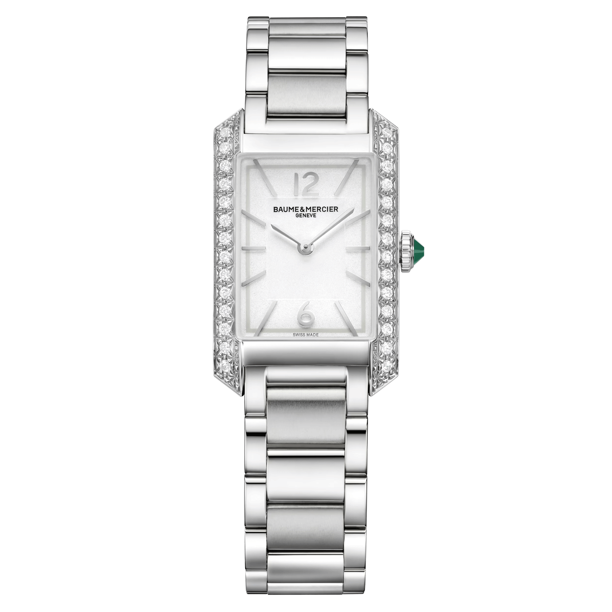 Watch Baume et Mercier Hampton quartz bezel set silver dial steel bracelet 35 x 22 mm