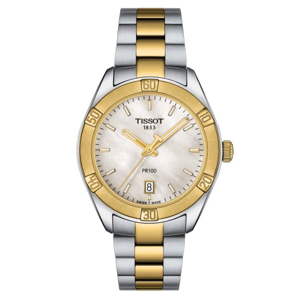 Montre Tissot T-Classic PR 100 Sport Chic Lady quartz cadran nacre bracelet acier bicolore 36 mm