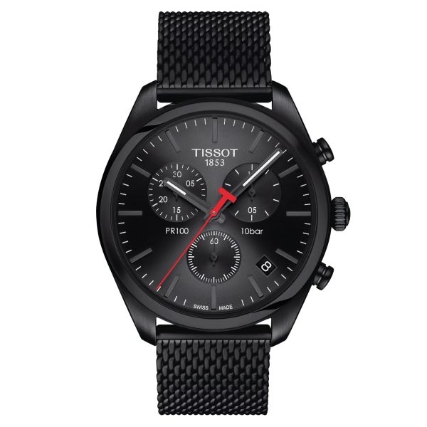 Montre Tissot T-Classic PR 100 quartz chronographe cadran noir bracelet maille milanaise noire 41 mm T101.417.33.051.00