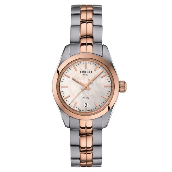 Montre Tissot T-Classic PR 100 Small Lady quartz acier PVD or rose cadran nacre bracelet acier 25 mm