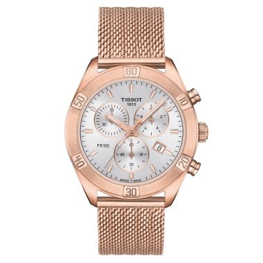 Montre Tissot T-Classic pr 100 Sport Chic Lady Chronograph quartz PVD or rose cadran nacre bracelet mesh acier 36 mm T101.917.33