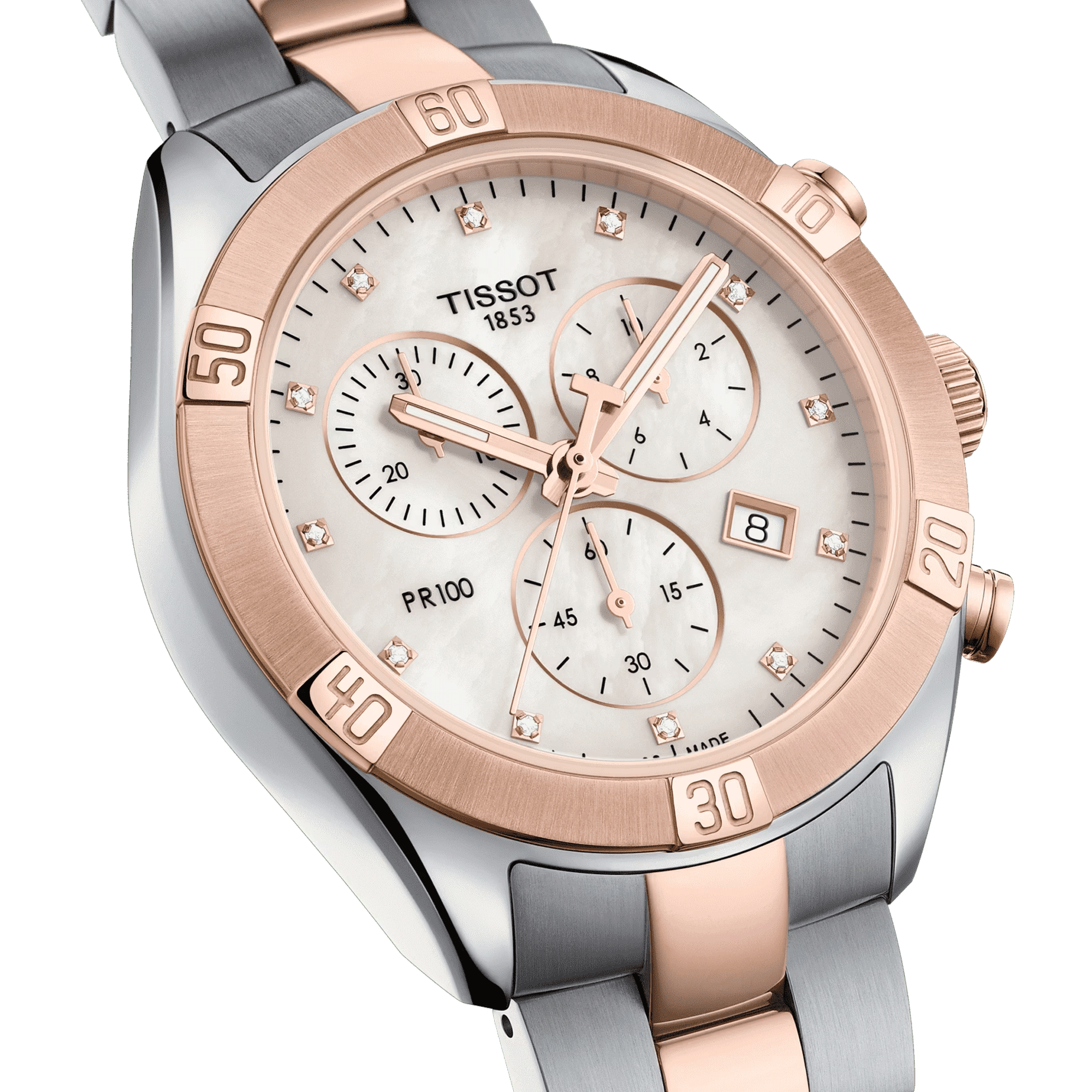 Montre Tissot T-Classic PR 100 Sport Chic Chronograph bicolore cadran nacre et diamants bracelet acier 38 mm T101.917.22.116.00