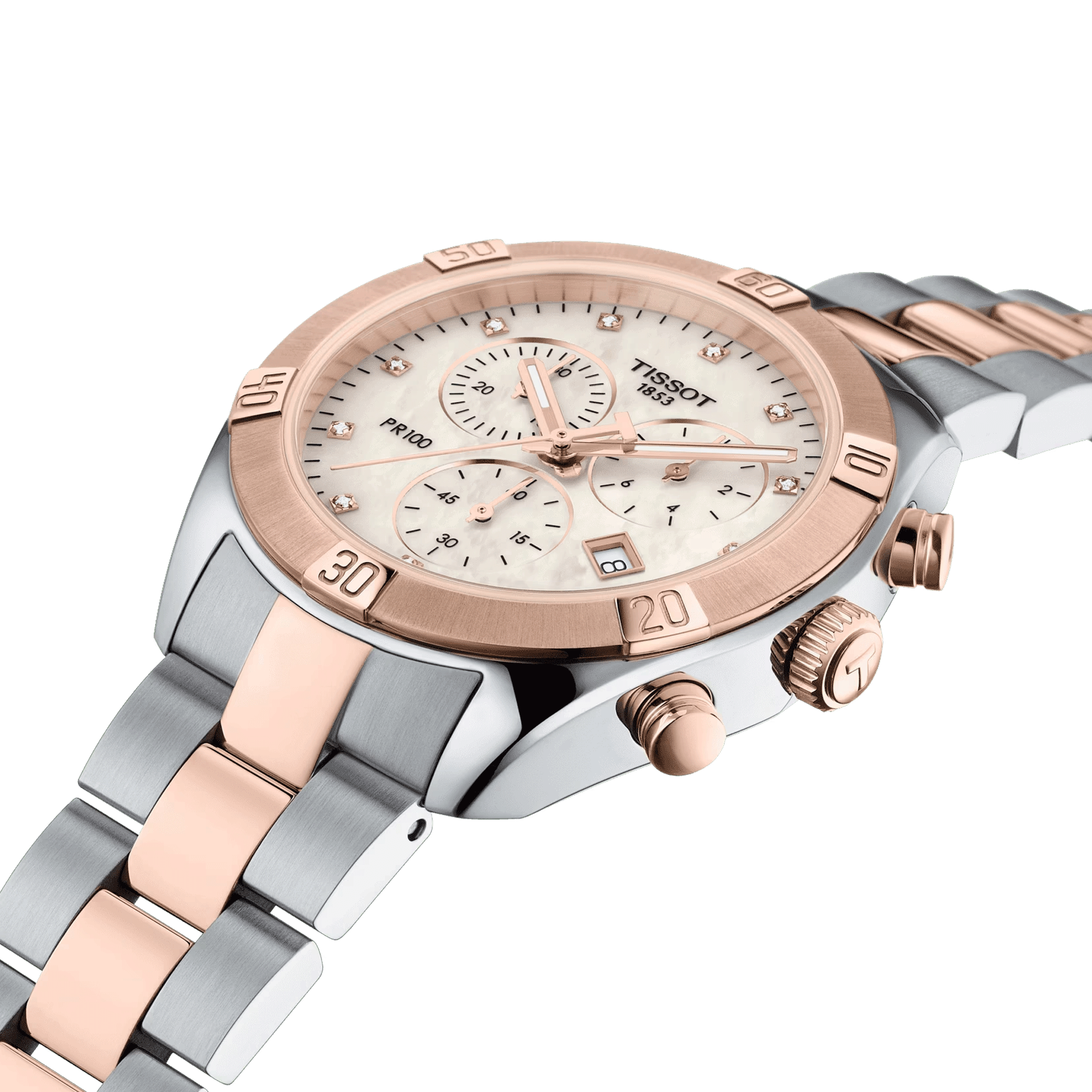 Montre Tissot T-Classic PR 100 Sport Chic Chronograph bicolore cadran nacre et diamants bracelet acier 38 mm T101.917.22.116.00