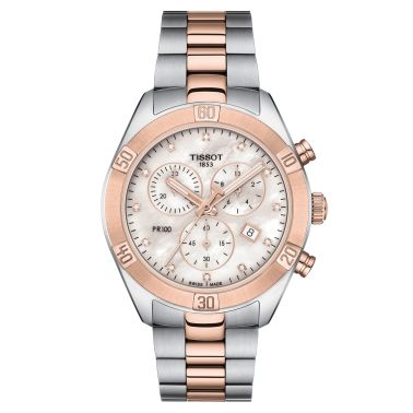 Montre Tissot T-Classic PR 100 Sport Chic Chronograph bicolore cadran nacre et diamants bracelet acier 38 mm T101.917.22.116.00