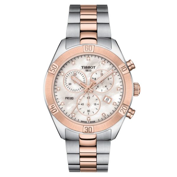 Montre Tissot T-Classic PR 100 Sport Chic Chronograph bicolore cadran nacre et diamants bracelet acier 38 mm