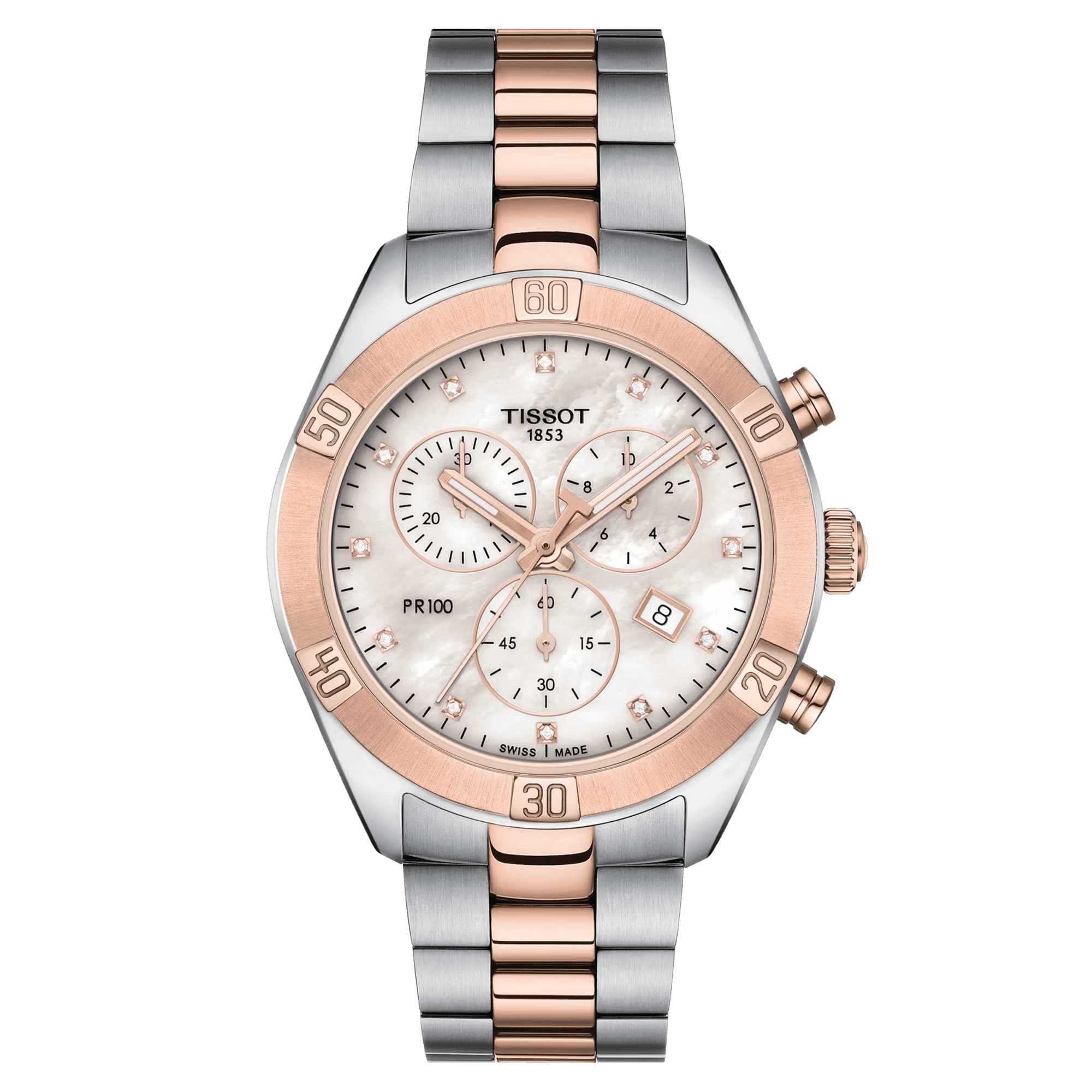 Montre Tissot T-Classic PR 100 Sport Chic Chronograph bicolore cadran nacre et diamants bracelet acier 38 mm T101.917.22.116.00