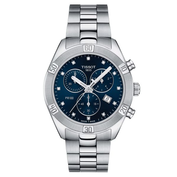 Montre Tissot T-Classic PR 100 Sport Chic Chronograph quartz cadran bleu bracelet acier 38 mm