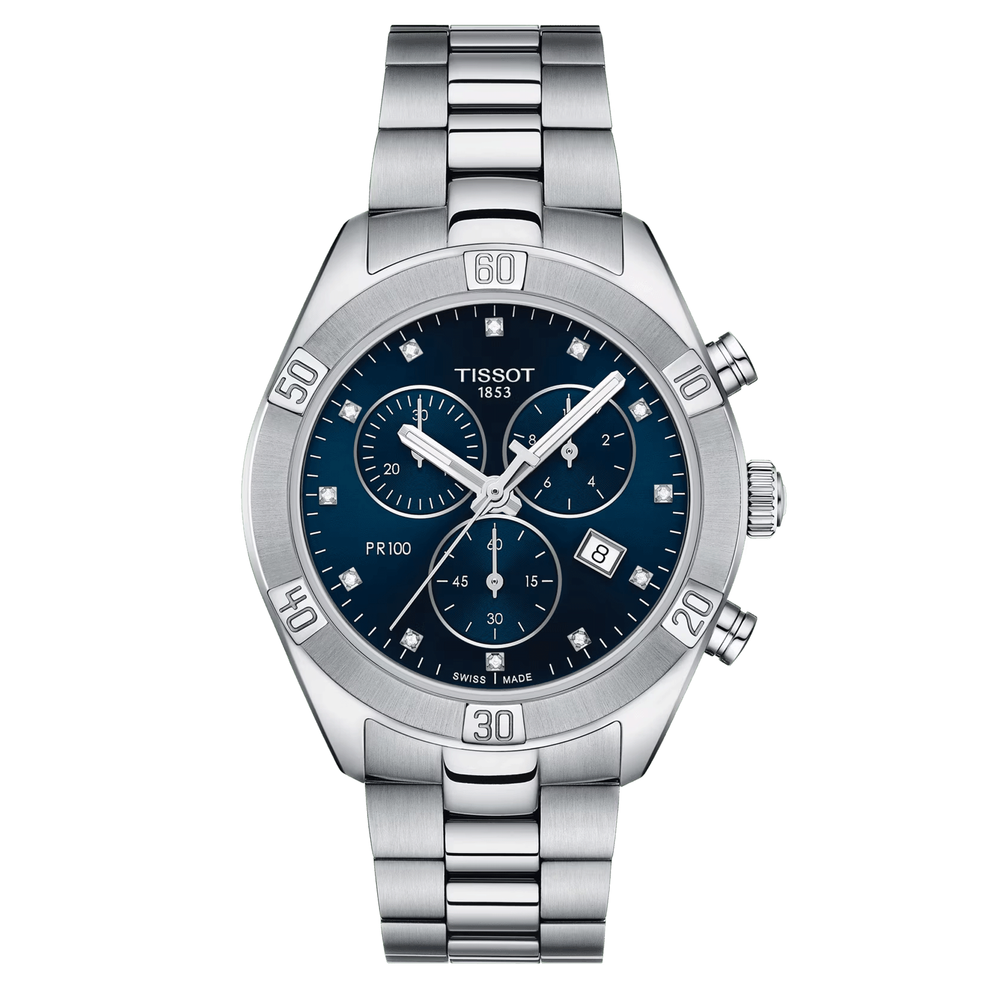 Montre Tissot T-Classic PR 100 Sport Chic Chronograph quartz cadran bleu bracelet acier 38 mm T101.917.11.046.00