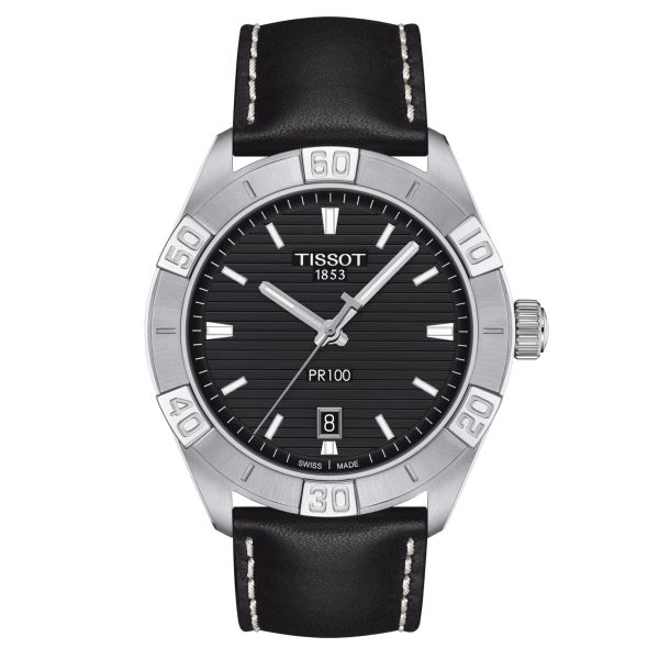 Tissot T-Classic PR 100 Sport Gent quartz watch black dial black leather strap 42 mm