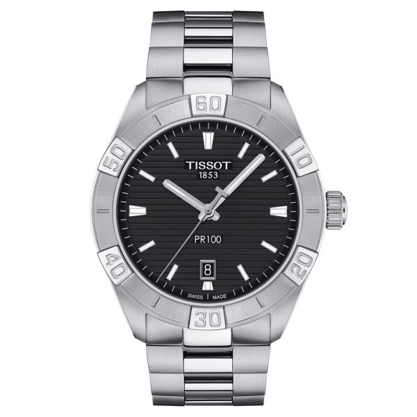 Tissot T-Classic PR 100 Sport Gent quartz watch black dial stainless steel bracelet 42 mm
