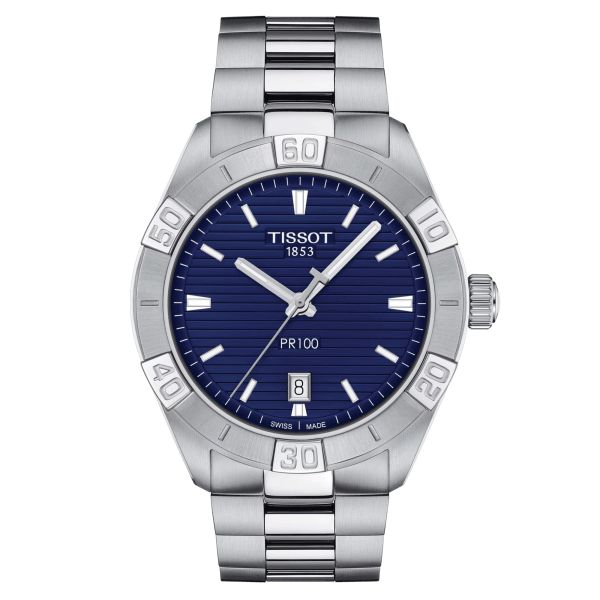 Tissot T-Classic PR 100 Sport Gent quartz watch blue dial steel bracelet 42 mm
