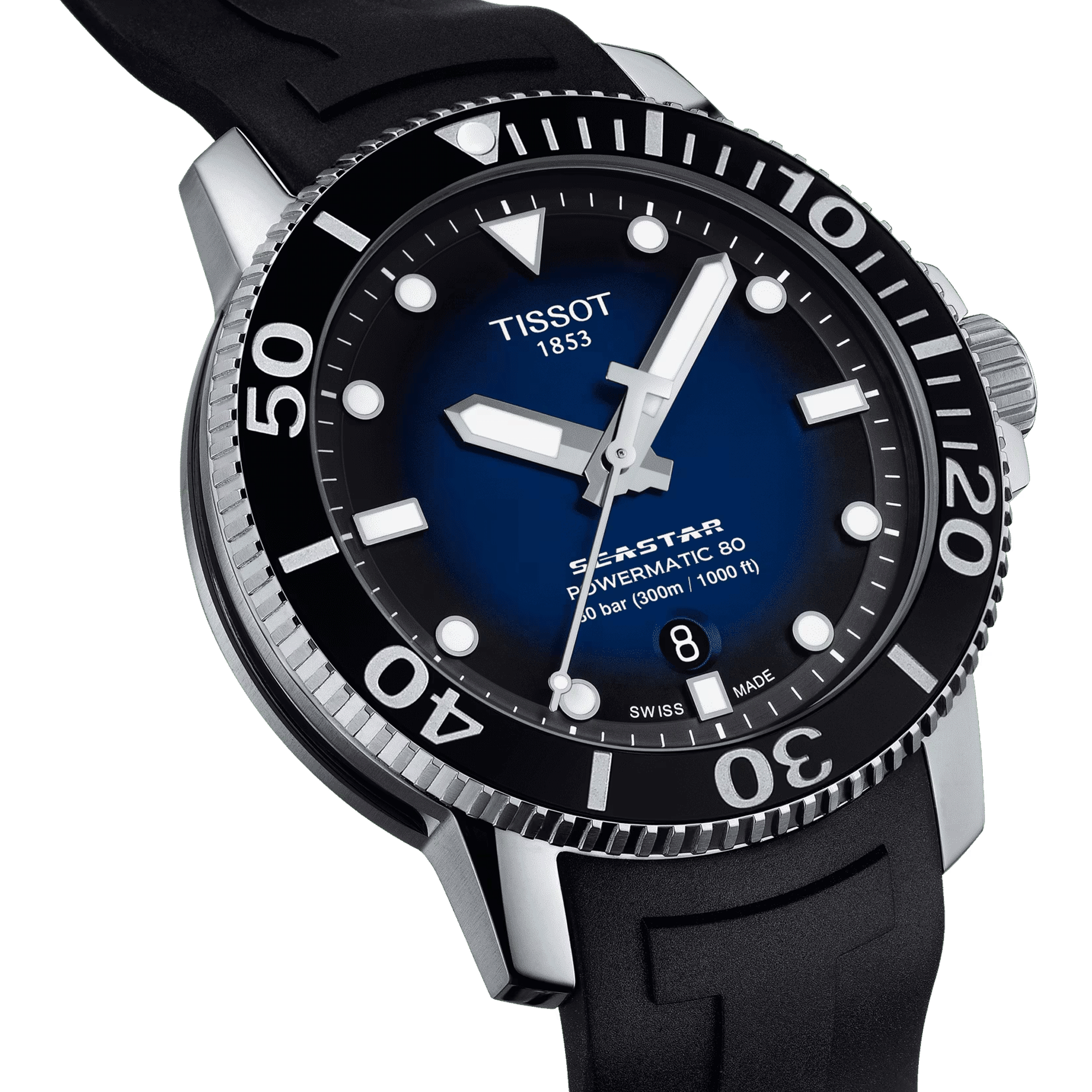 Montre Tissot T-Sport Seastar 1000 Powermatic 80 cadran bleu bracelet caoutchouc noir 43 mm T120.407.17.041.00
