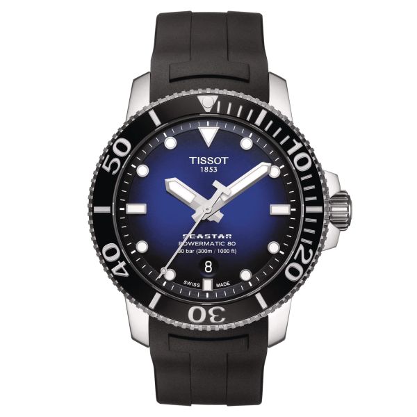 Montre Tissot T-Sport Seastar 1000 Powermatic 80 cadran bleu bracelet caoutchouc noir 43 mm