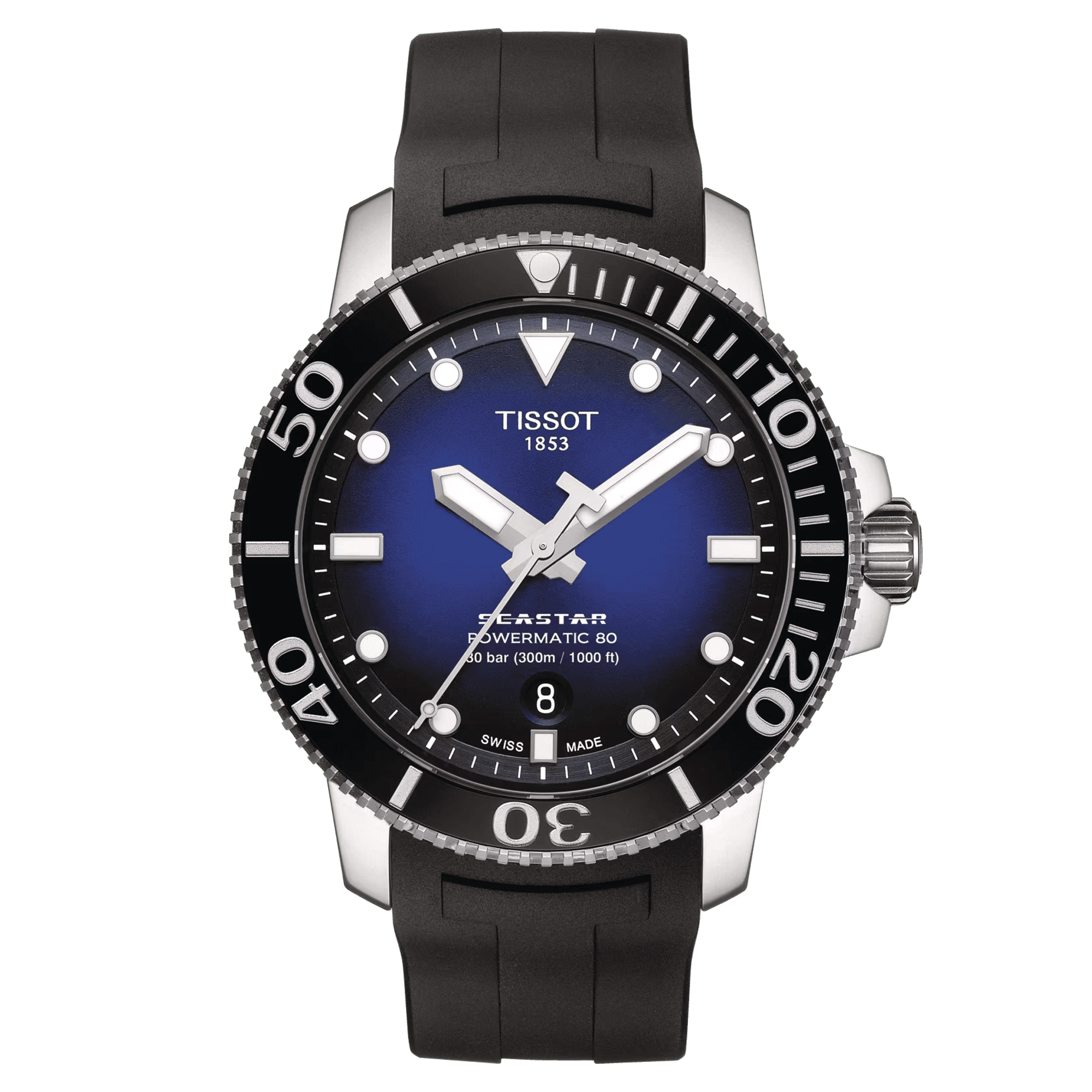 Montre Tissot T-Sport Seastar 1000 Powermatic 80 cadran bleu bracelet caoutchouc noir 43 mm T120.407.17.041.00