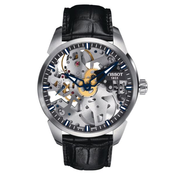 Tissot T-Complication Squelette mechanical watch with black leather strap 43 mm