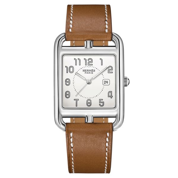 Montre HERMÈS Cape Cod Grand Modèle quartz cadran argenté bracelet cuir marron 37 mm W043638WW00