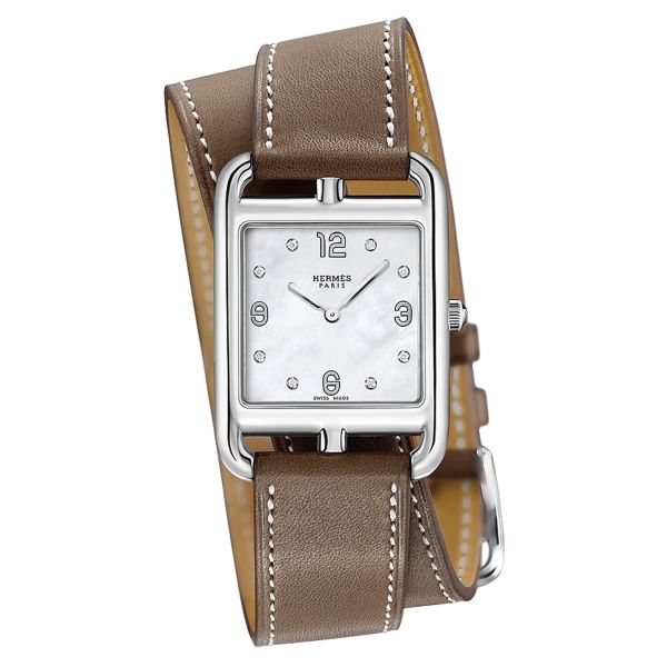 Montre HERMÈS Cape Cod Petit Modèle quartz cadran nacre blanche bracelet cuir marron double tour 29 mm W044302WW00