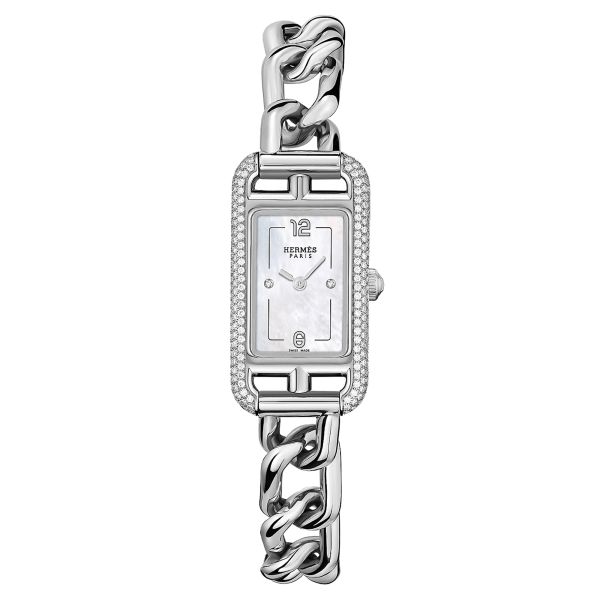 HERMÈS Nantucket Petit Modèle quartz watch set with white mother-of-pearl dial steel bracelet 17 mm