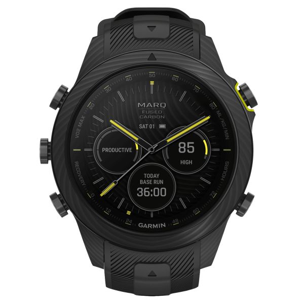 Garmin Marq Gen 2 Athlete Carbon Edition sapphire carbon and titanium watch with black rubber strap 46 mm