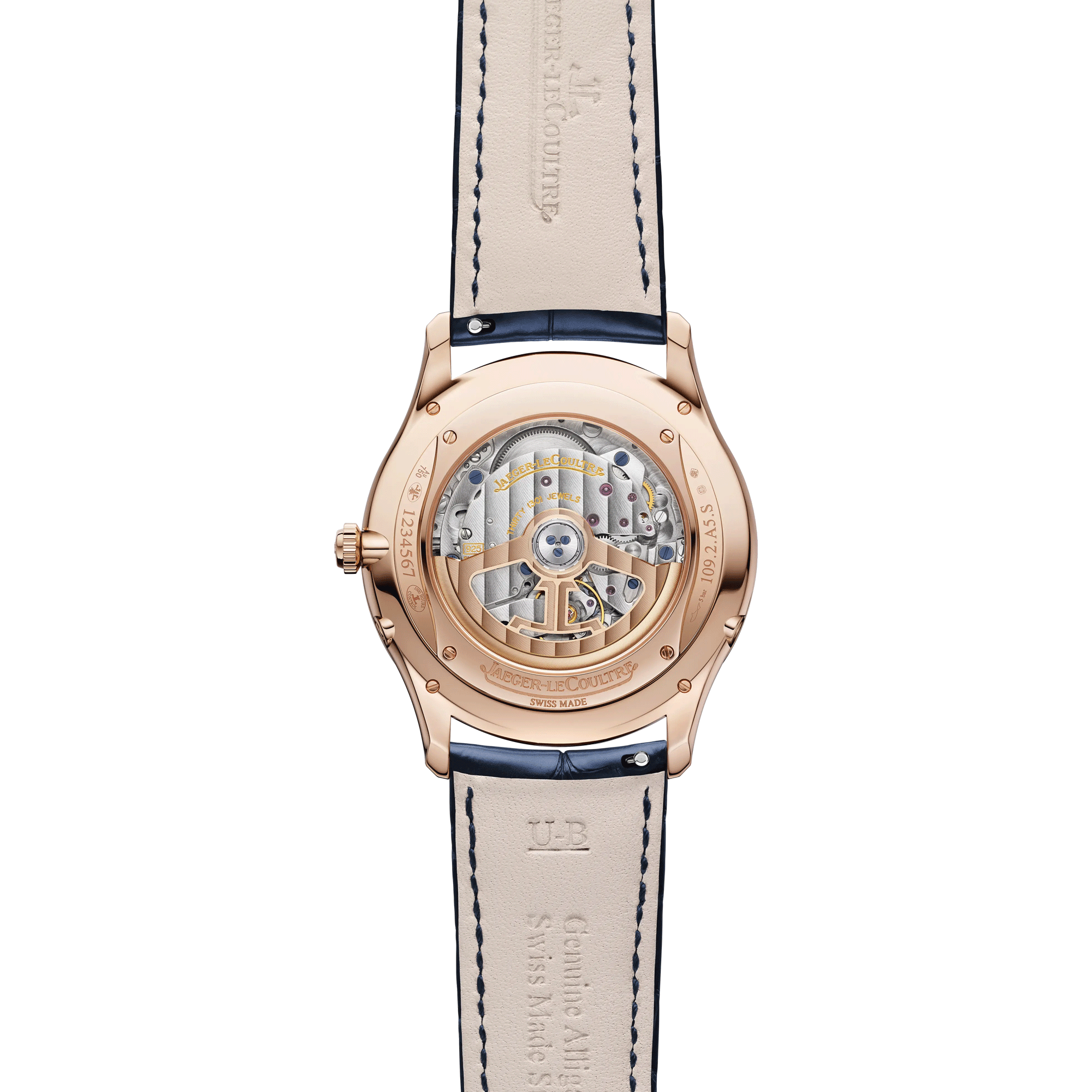 Montre Jaeger-LeCoultre Master Ultra Thin Moon Or Rose automatique cadran bleu bracelet cuir bleu 39 mm Q1362580
