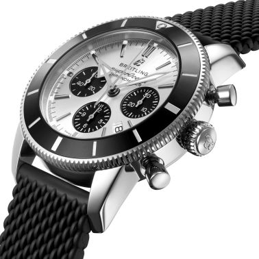 Breitling Superocean Heritage II B01 automatic chronograph watch silver dial black rubber strap 44 mm