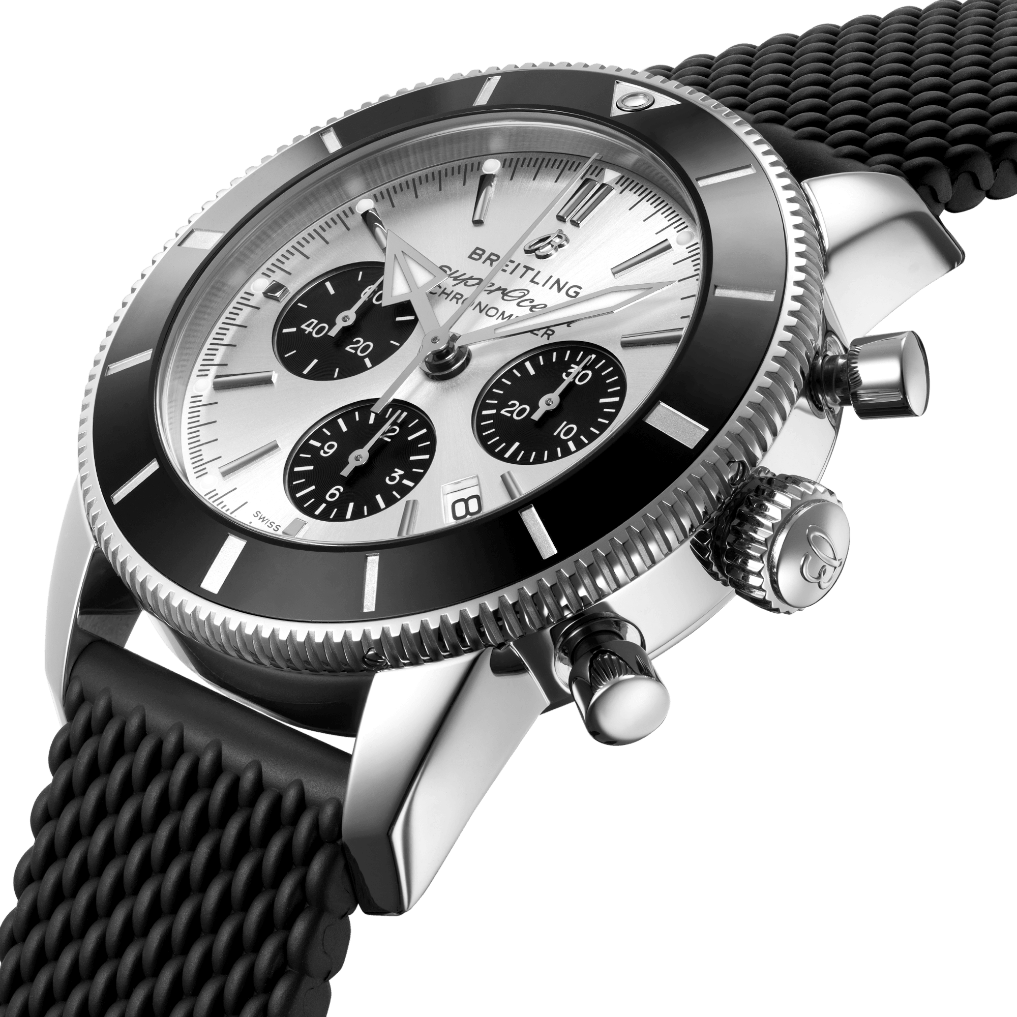 Breitling Superocean Heritage II B01 automatic chronograph watch silver dial black rubber strap 44 mm