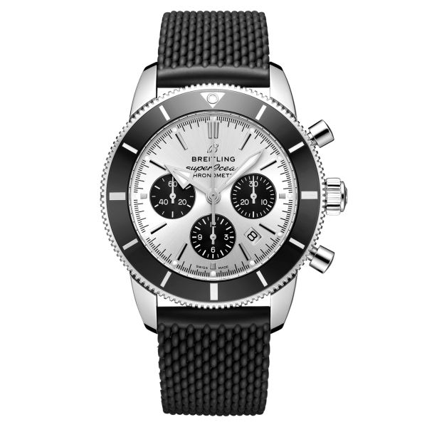 Breitling Superocean Heritage II B01 automatic chronograph watch silver dial black rubber strap 44 mm