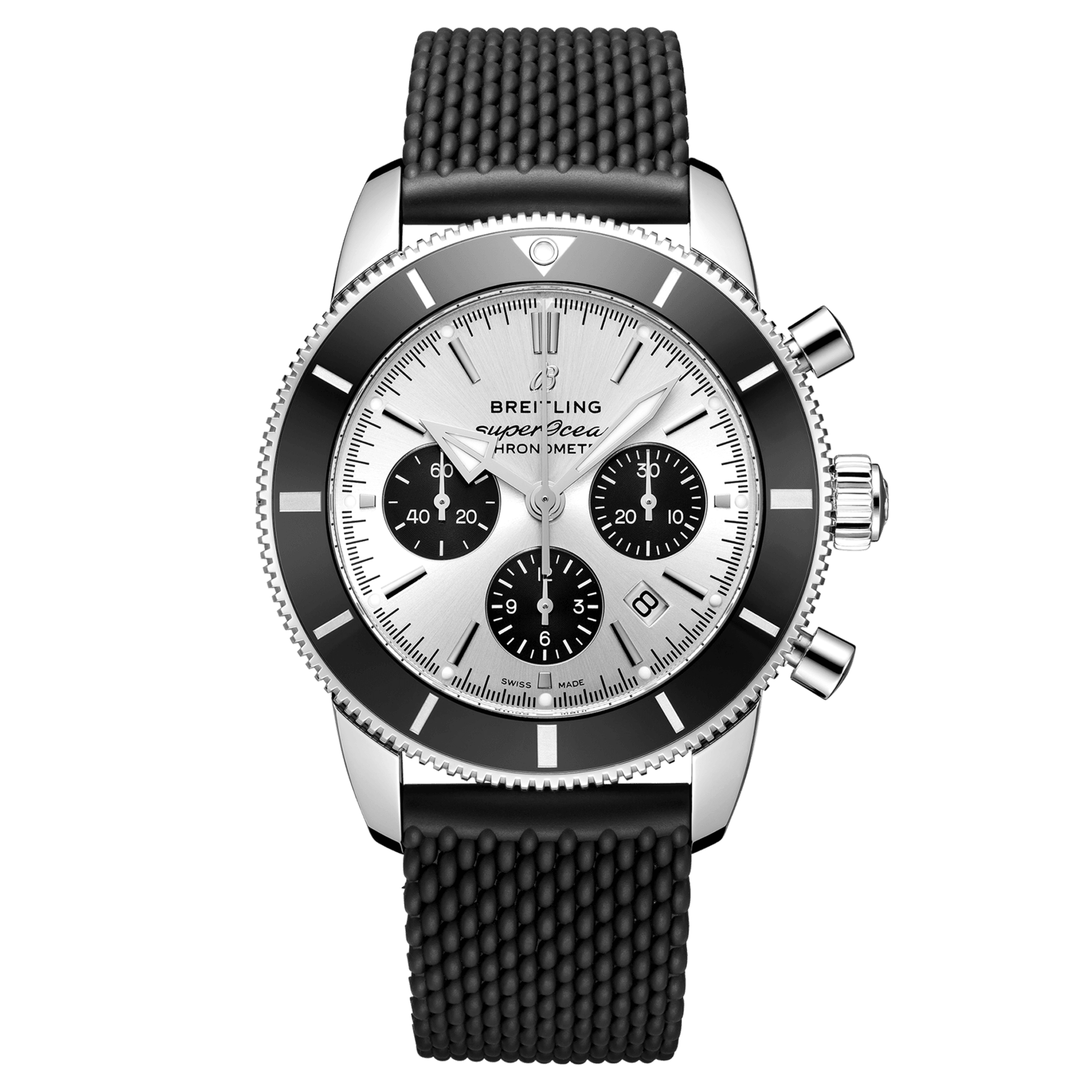 Breitling Superocean Heritage II B01 automatic chronograph watch silver dial black rubber strap 44 mm