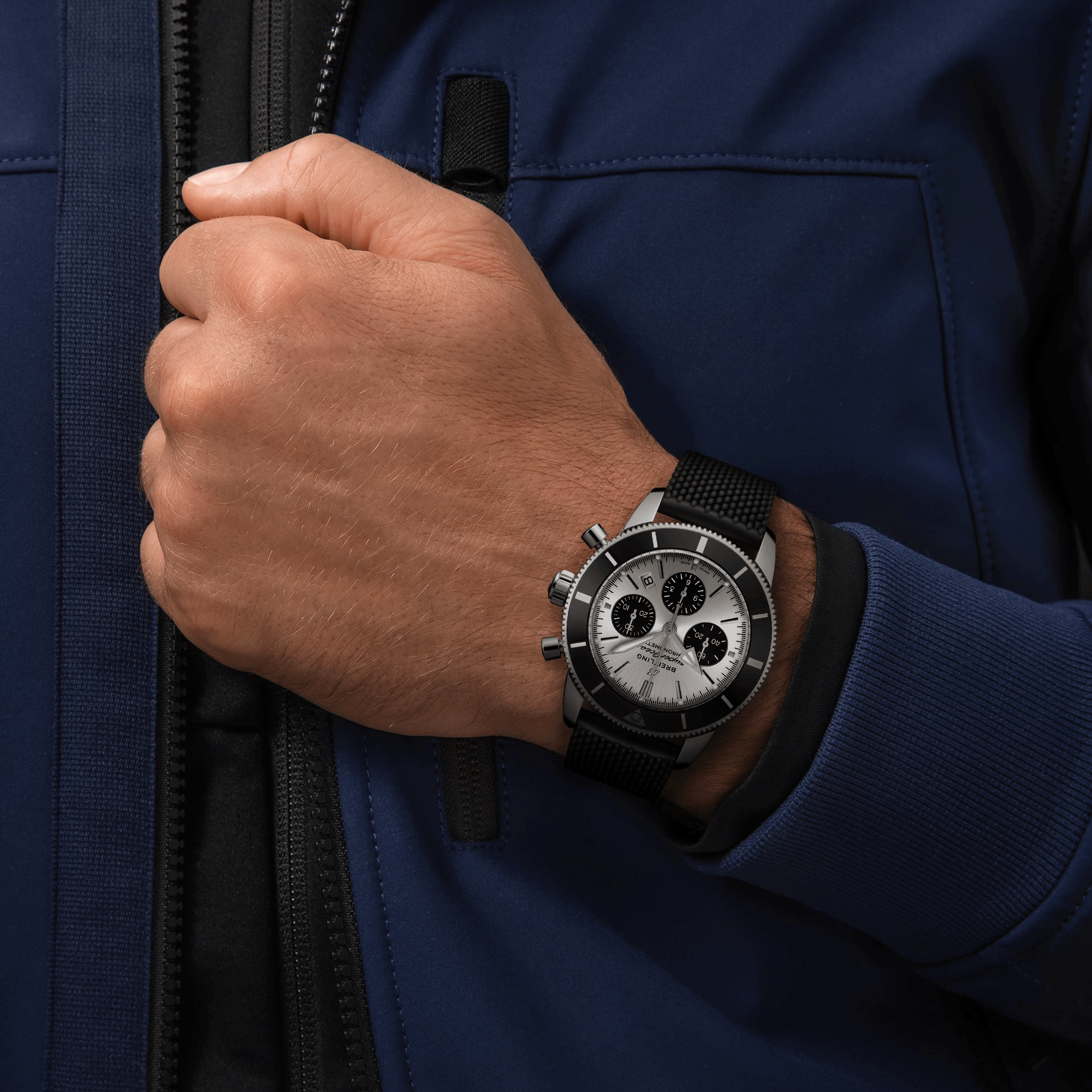 Breitling Superocean Heritage II B01 automatic chronograph watch silver dial black rubber strap 44 mm