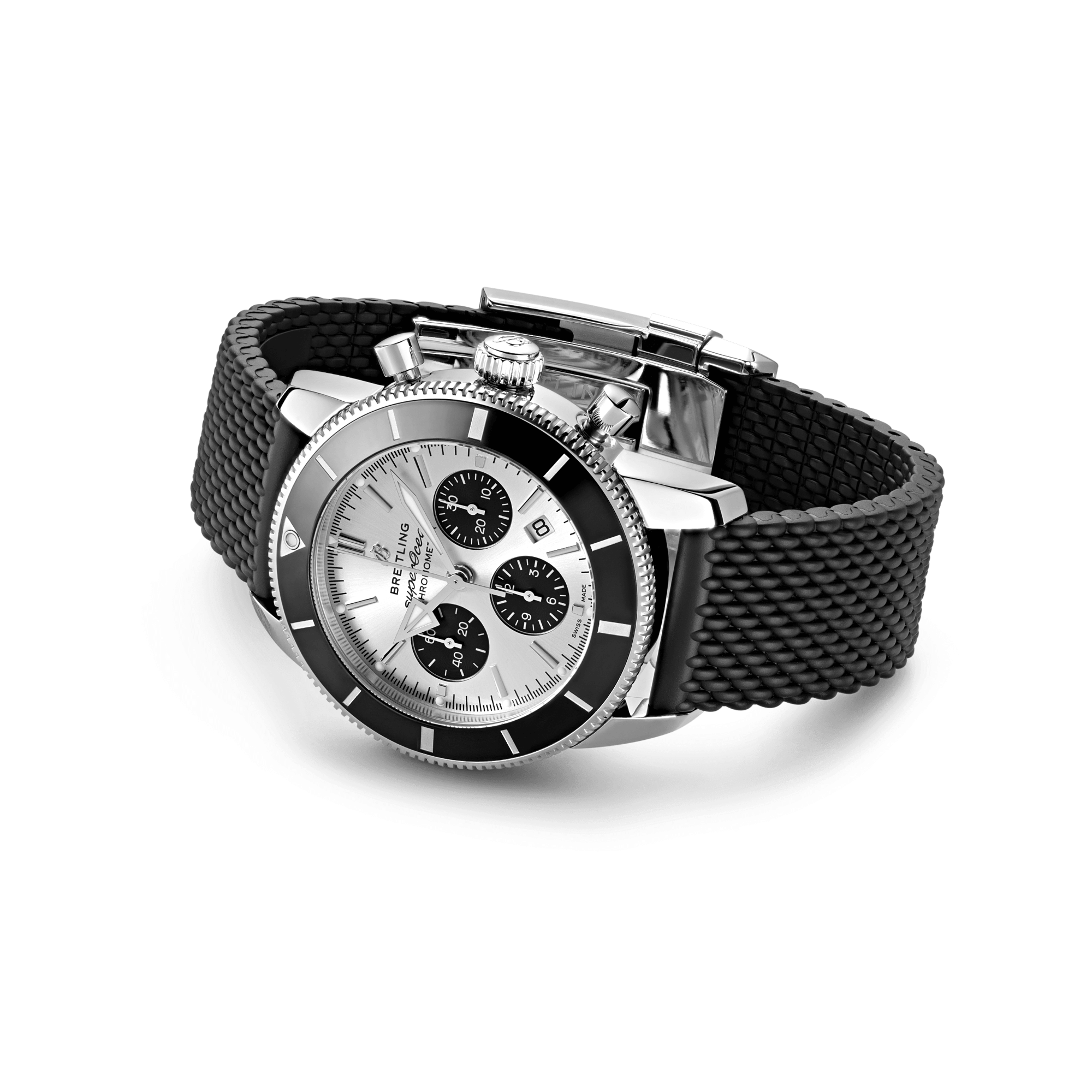 Breitling Superocean Heritage II B01 automatic chronograph watch silver dial black rubber strap 44 mm