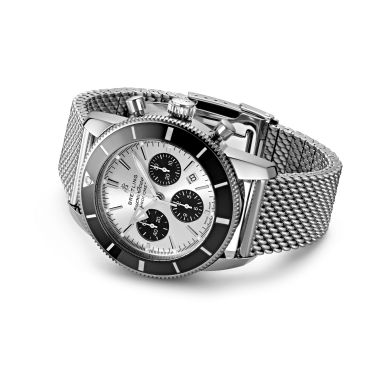 Montre Breitling Superocean Heritage II B01 chronograph automatique cadran argenté bracelet maille milanaise 44 mm AB0162121G1A1